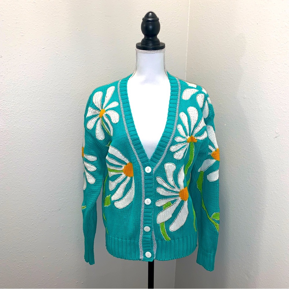 Vintage teal knit daisy floral sweater with metallic detail size small